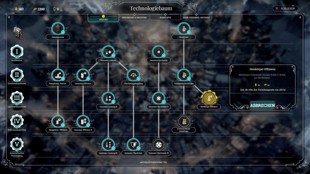 Blick auf einen weitreichend erforschten Techtree in Frostpunk.