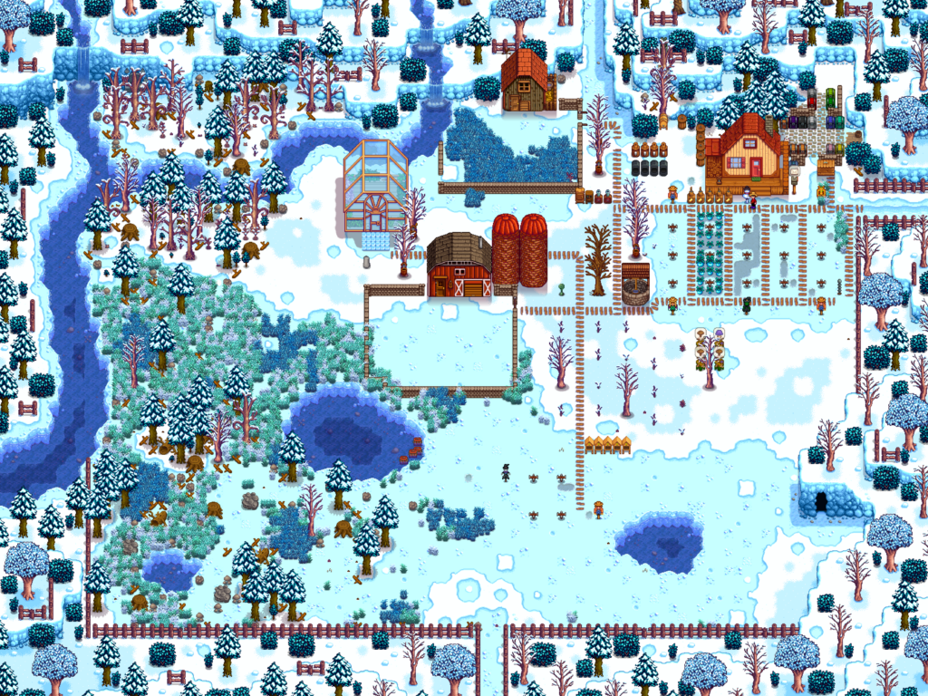 Eine Farm in Stardew Valley im Winter. Ackerbau wird kaum betrieben und auch die Tiere scheinen in ihren Ställen.