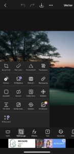 PicsArt Werkzeugleiste beim Bearbeiten auf der App