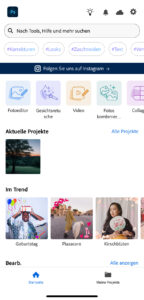 Startseite auf der Adobe Photoshop Express App zeigt Optionen zum Bearbeiten an.