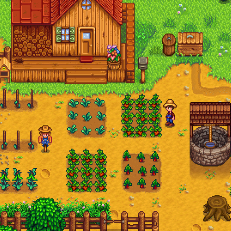 Screenshot aus Stardew Valley. Der Spieler steht vor seinen Feldern, die umzäunt sind und einen Brunnen in der Nähe haben.