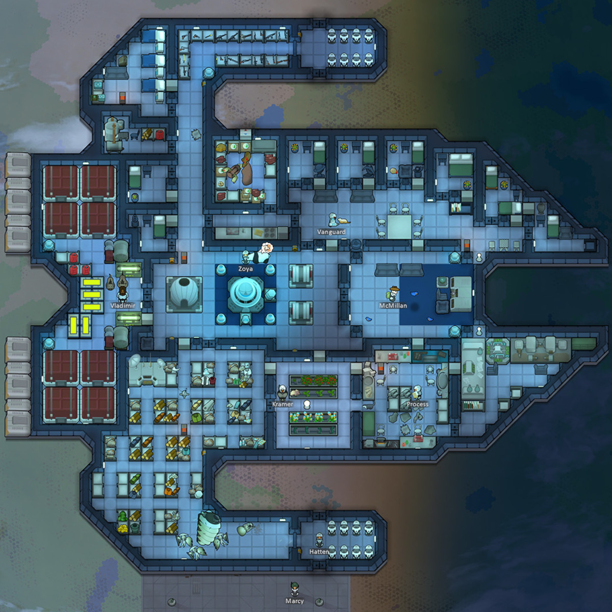 Raumschiff im RimWorld-DLC Odyssey, das gerade über dem Planeten an einer Station angedockt ist.