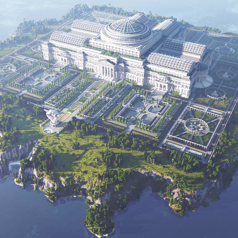 das beeindruckende Gebäude der Uncensored Library auf einer fliegenden Insel in Minecraft.