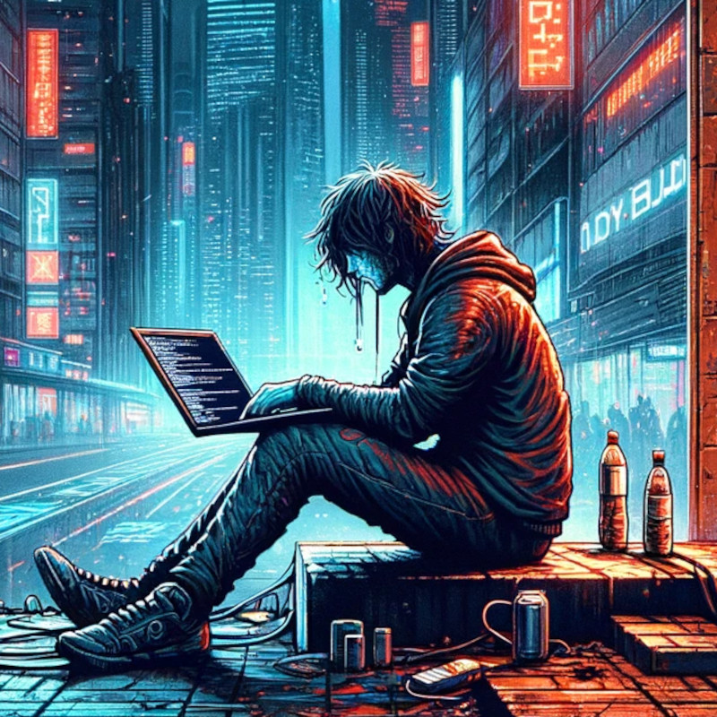 Ein desillusionierter Programmierer sitzt arbeitslos auf einer Straße in einem Cyberpunk-Setting. Die Szene ist dunkel und düster, beleuchtet von grellen Neonlichtern. Futuristische Gebäude und Technologie umgeben ihn, während er erschöpft und verloren wirkt. Die Atmosphäre verbindet High-Tech-Elemente mit urbanem Verfall, was eine dystopische Zukunftsvision vermittelt.