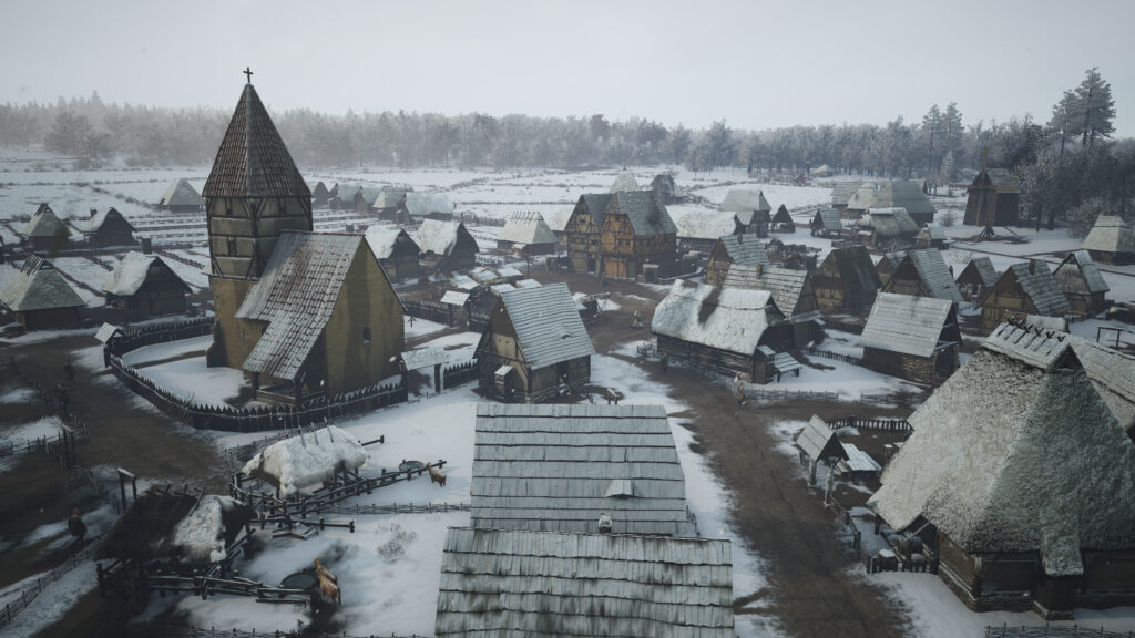 Eine winterliche Stadt in Manor Lords