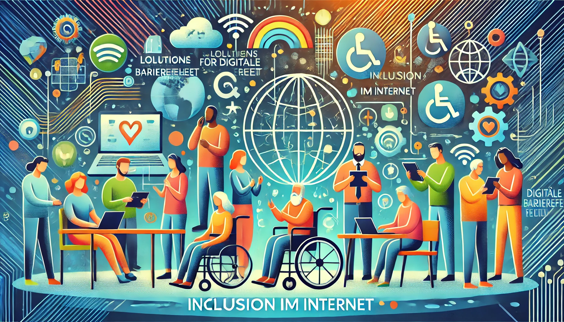 Eine inklusive und moderne Illustration, die "Lösungen für digitale Barrierefreiheit: Inklusion im Internet" darstellt. Das Bild zeigt diverse Personen, die verschiedene Geräte wie Laptops, Tablets und Smartphones nutzen. Symbole für Barrierefreiheit wie Rollstuhlicons, Braille und Gebärdensprache sind ebenfalls enthalten. Die Farben sind hell und ansprechend, wie Blau, Grün und Orange. Elemente einer vernetzten digitalen Welt mit abstrakten Formen und Mustern im Hintergrund repräsentieren Technologie und Innovation. Die Atmosphäre ist einladend und unterstützend, mit Fokus auf Inklusivität und Zugänglichkeit.