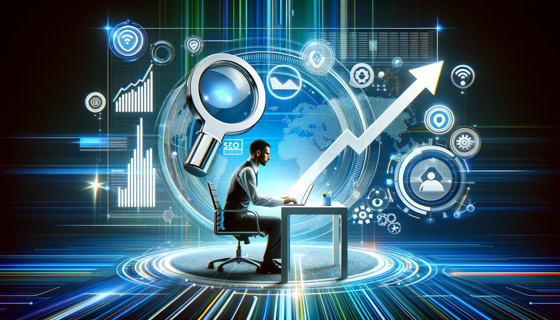 Ein modernes und dynamisches Bild, das die Überschrift "SEO Trends und Tipps für das Jahr 2024" darstellt. Es zeigt eine professionelle Person, die an einem Laptop arbeitet und SEO-Daten analysiert. Umgeben ist sie von Suchmaschinensymbolen, Trendpfeilen, Diagrammen und digitalen Marketing-Icons. Der Hintergrund hat ein digitales Thema mit abstrakten Formen und Mustern, die Technologie und Innovation repräsentieren. Die Farbgestaltung umfasst helle und ansprechende Farben wie Blau, Grün und Weiß.