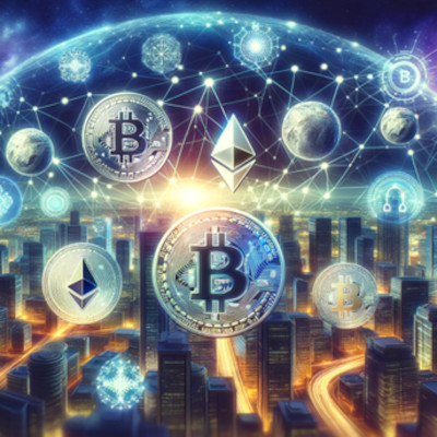 Ein futuristisches Bild, das eine Stadt bei Nacht darstellt. Über der Stadt schwebt eine digitale Kuppel, die mit Netzwerkverbindungen und Kryptowährungssymbolen wie Bitcoin und Ethereum verziert ist. Die Kuppel und Symbole sind in leuchtenden Farben gehalten, was die moderne und technologische Atmosphäre unterstreicht. Im Hintergrund ist ein kosmischer Himmel mit Sternen und Planeten zu sehen, der den globalen und innovativen Charakter der Kryptowährungen symbolisiert.
