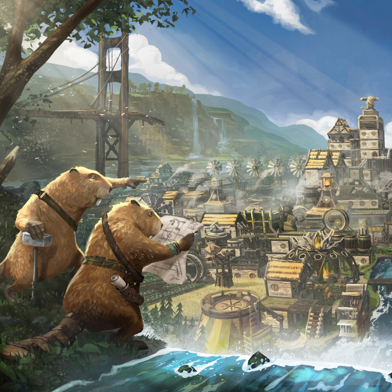 Artwork von Timberborn, dass zwei Biber am Rande eines Wasserfalls zeigt, die auf eine große Biberstadt schauen.