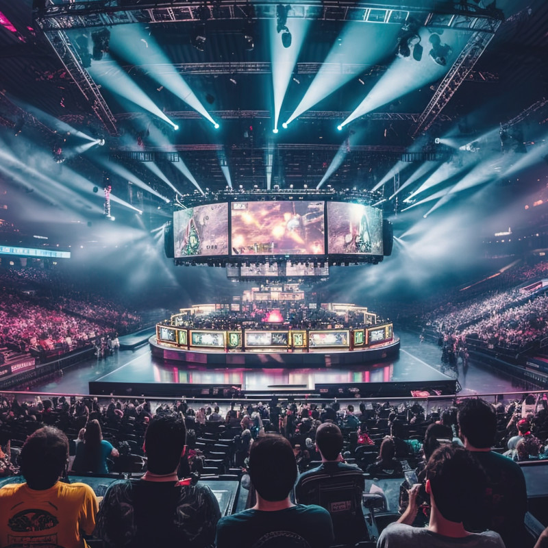 Eine große, gut beleuchtete Esports-Arena ist bis auf den letzten Platz gefüllt mit begeisterten Zuschauern. Im Zentrum der Arena befindet sich eine beeindruckende Bühne mit mehreren großen Bildschirmen, auf denen das laufende Spielgeschehen gezeigt wird.