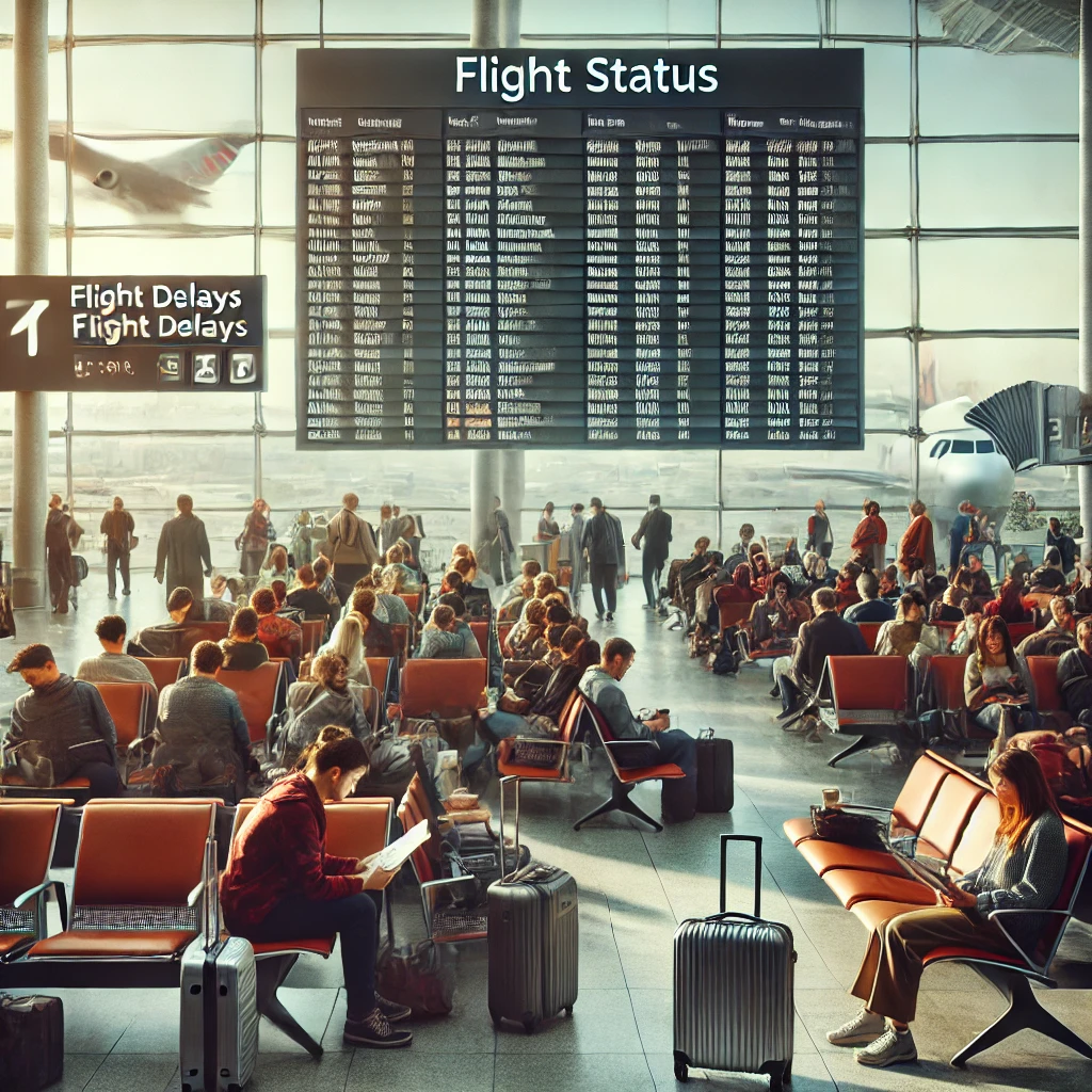 "Menschen warten im Flughafen, blicken auf die Anzeigetafel mit Flugverspätungen. Einige sitzen mit Gepäck, andere stehen und schauen auf ihre Handys oder lesen. Die Szene zeigt eine Mischung aus Frustration und Gelassenheit in heller, moderner Atmosphäre."