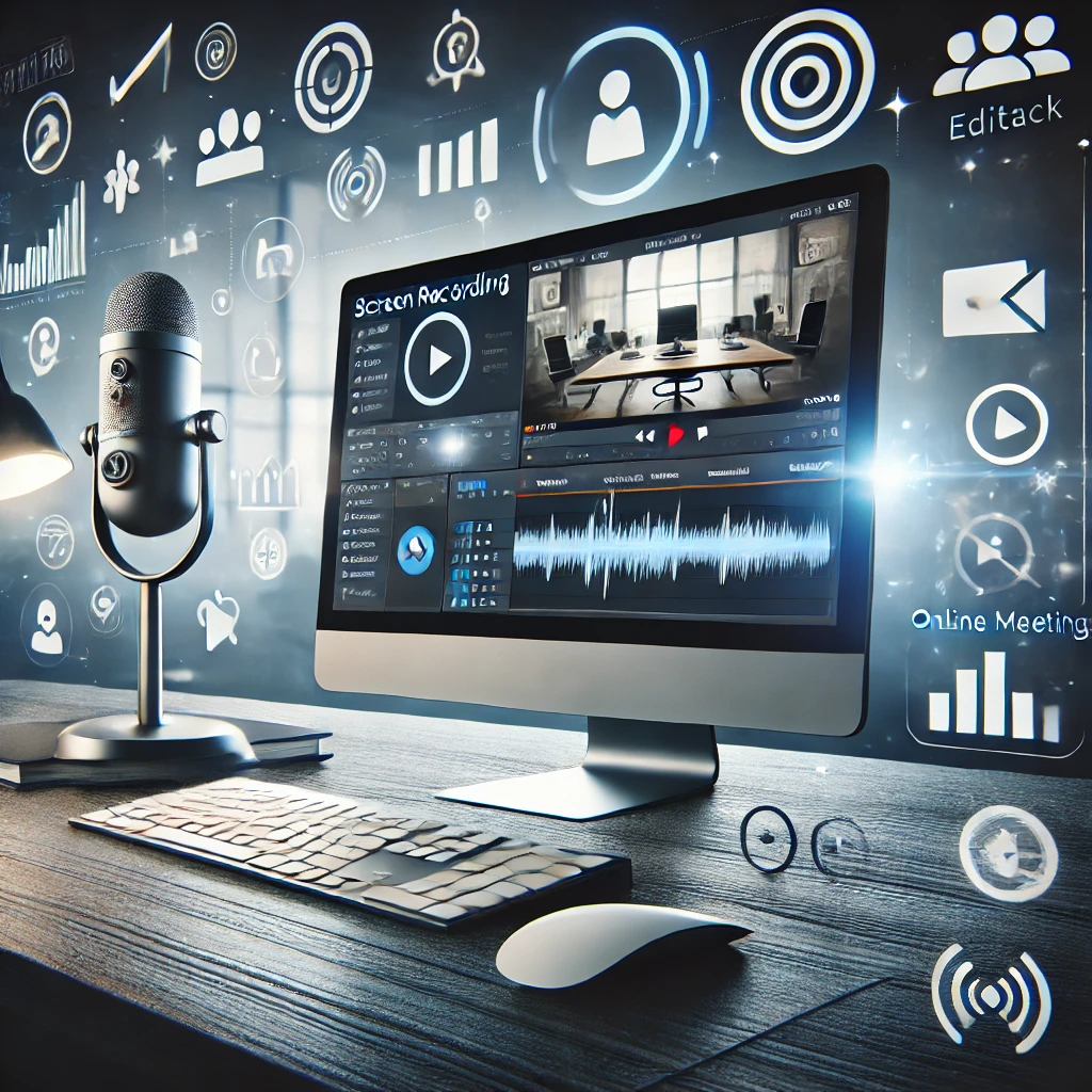 An image representing screen recording technology for remote work and home offices. The scene includes a modern workspace with a computer monitor disp