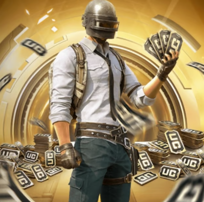 Eine Illustration eines Spielcharakters aus PUBG, der in einer dynamischen Szene steht, umgeben von digitalen Guthabenkarten und Münzen mit dem Label "UC". Die Farbtöne sind gold und dynamisch gestaltet, wodurch die Szene eine lebendige und actionreiche Atmosphäre erhält.