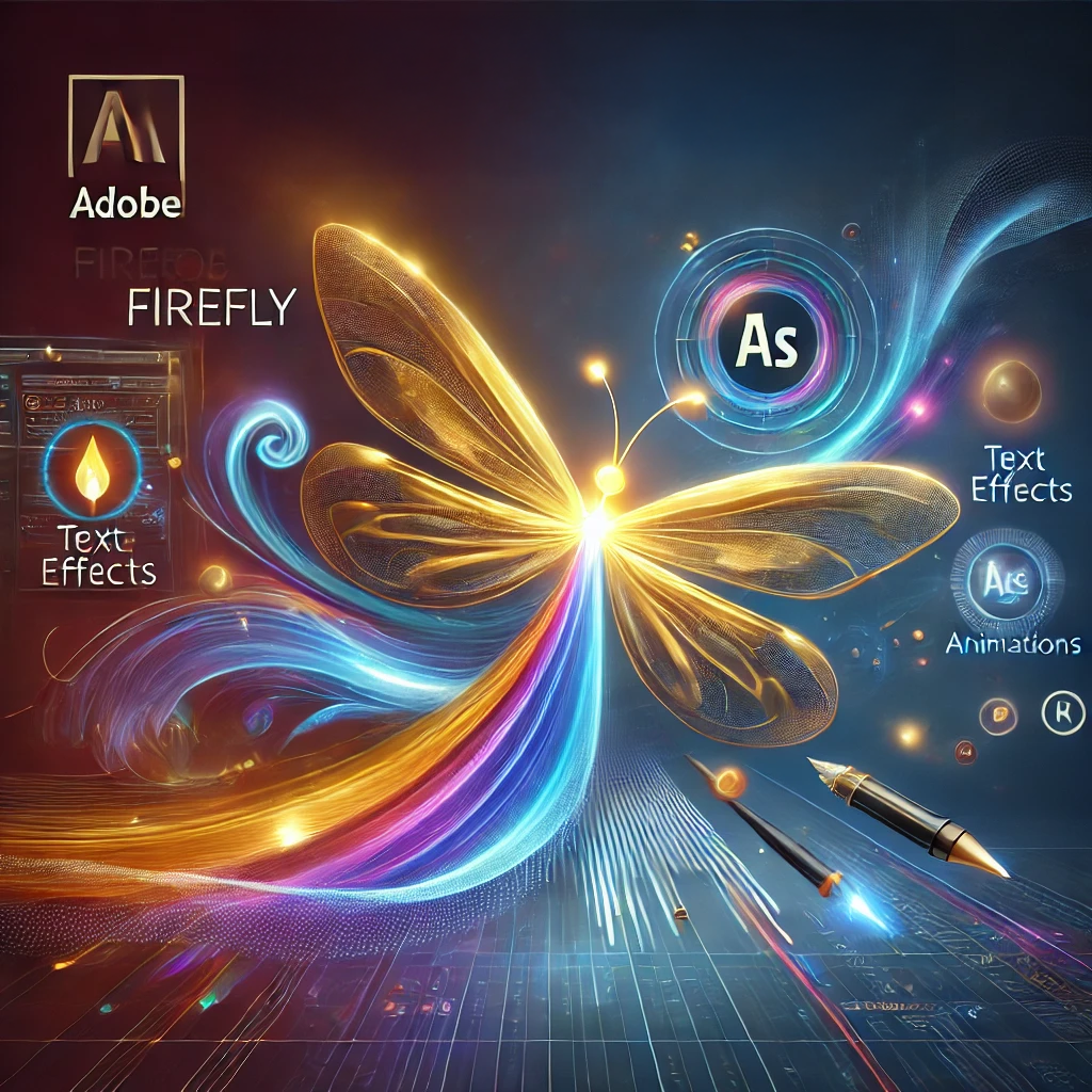 Ein leuchtender, digital gestalteter Schmetterling mit goldenen Flügeln und fließenden blauen und orangefarbenen Lichtern. Der Hintergrund zeigt eine futuristische, technologisch inspirierte Umgebung mit leuchtenden Linien und Effekten. Mehrere Textelemente sind enthalten, darunter 'Adobe Firefly', 'Text Effects' und 'Animations'. Ein goldener Stift mit einem leuchtenden Effekt scheint durch die Szene zu fliegen, was auf kreative Designwerkzeuge hindeutet.