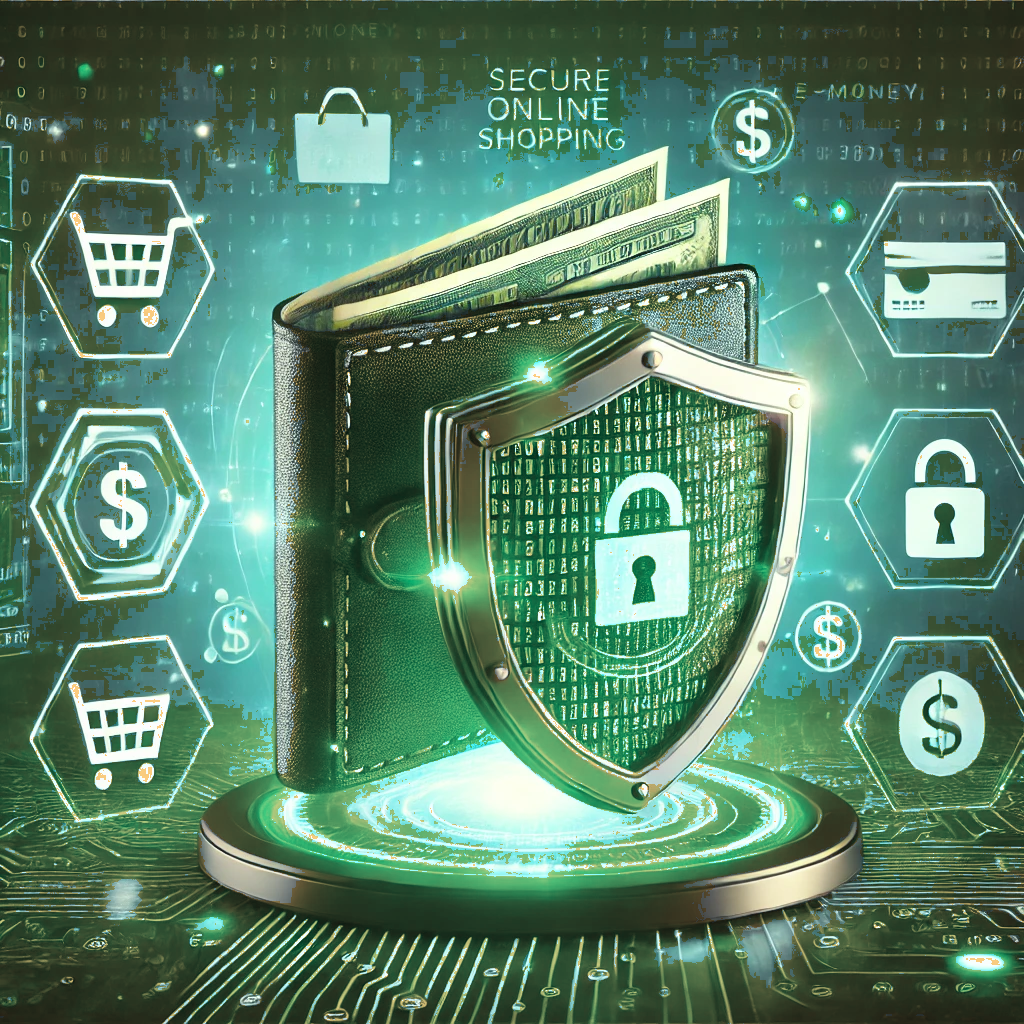 „Illustration zum Thema sicheres Online-Shopping mit E-Money. Ein leuchtendes, futuristisches digitales Wallet dient als Schutzschild für persönliche und finanzielle Daten, umgeben von verschlüsselten Symbolen und Datenströmen. Das Wallet schwebt über einem Hintergrund mit Online-Shopping-Symbolen wie einem Einkaufswagen, einem Schloss und digitalen Geld-Icons. Die grüne Farbgestaltung unterstreicht das Thema Sicherheit und Technologie, passend für einen technischen Artikel.“