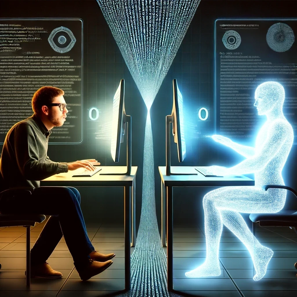 „Konzeptuelle Illustration des Wettbewerbs zwischen KI und einem menschlichen Entwickler. Ein fokussierter Mensch sitzt gebückt vor seinem Bildschirm, intensiv tippend, während ihm gegenüber eine humanoide KI mit perfekter, aufrechter Haltung sitzt. Die KI besteht aus leuchtenden Elektronen, Neutronen und Energiepartikeln, mit einem subtilen Schimmer. Zwischen beiden steigen binäre Codes von den Bildschirmen auf und verschmelzen in einem leuchtenden Datenstrom. Dunkler Hintergrund mit leuchtenden Elementen, symbolisiert die Dynamik zwischen menschlicher Anstrengung und KI-Präzision