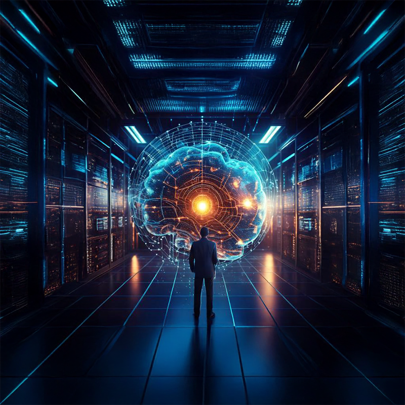 Ein Mann steht in einem futuristischen Serverraum, umgeben von glänzenden Computerschränken und blauen Lichtern. Vor ihm schwebt ein holographisches, leuchtendes Gehirn, umgeben von einem Netzwerk aus Datenlinien. Die Szenerie symbolisiert künstliche Intelligenz, Datenanalyse und moderne Technologie.