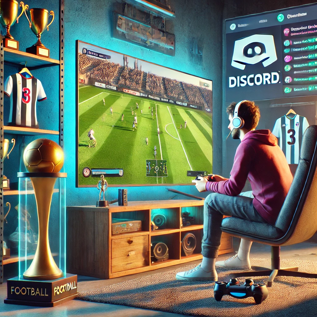 Ein fotorealistisches Bild zeigt eine Person, die auf einem bequemen Stuhl vor einem großen Bildschirm sitzt und ein Fußball-Videospiel spielt. Um den Spieler herum befinden sich Details, die Gemeinschaft und Wettbewerb darstellen, wie Pokale, eine Discord-Benutzeroberfläche auf einem nahen Bildschirm und ein Regal mit virtuellen Teamtrikots. Die Szene vermittelt eine gemütliche, aber auch wettbewerbsorientierte Atmosphäre und hebt die Verbindung zwischen virtueller und realer Fußballleidenschaft hervor.