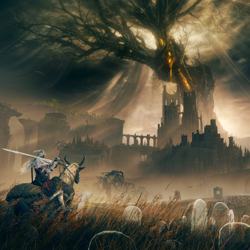 Das Bild zeigt eine düstere, epische Fantasy-Landschaft. Im Vordergrund reitet eine Figur in dunkler Rüstung auf einem gepanzerten Pferd durch eine weite Graslandschaft, die von weißen Blumen oder Grabsteinen gesäumt ist. Die Person hält ein großes, leuchtendes Schwert. Im Hintergrund erhebt sich eine mächtige Burg mit gotischen Türmen, die von einer bedrohlichen, gigantischen Baumkrone überragt wird.