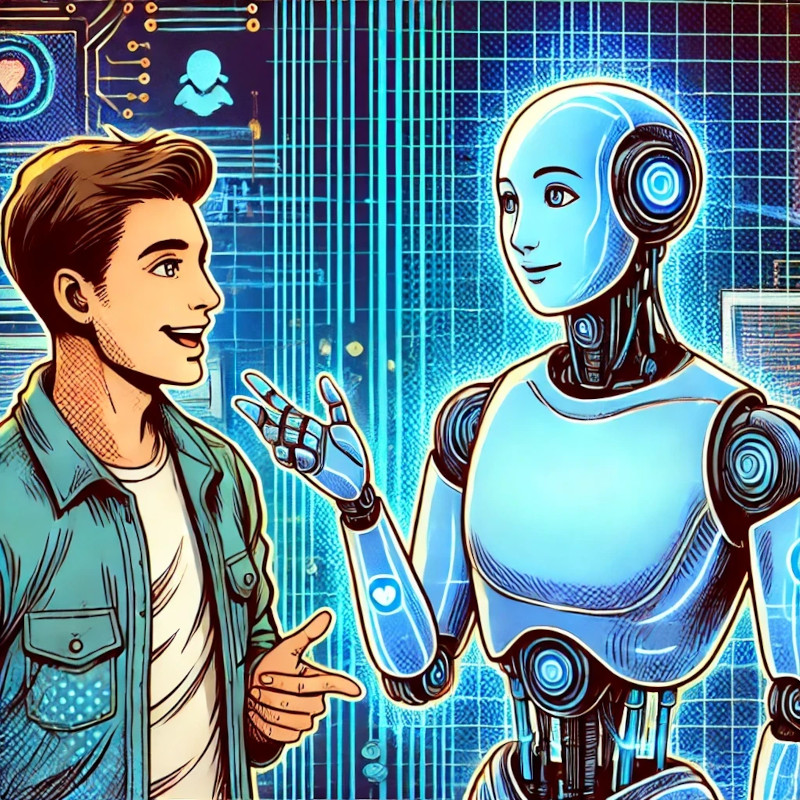 Ein Comic-Stil-Illustration zeigt einen Menschen, der mit einer holografischen, futuristischen KI spricht. Die KI erscheint als leuchtende, digitale Figur mit technologischen Mustern, während der Mensch interessiert und neugierig wirkt.