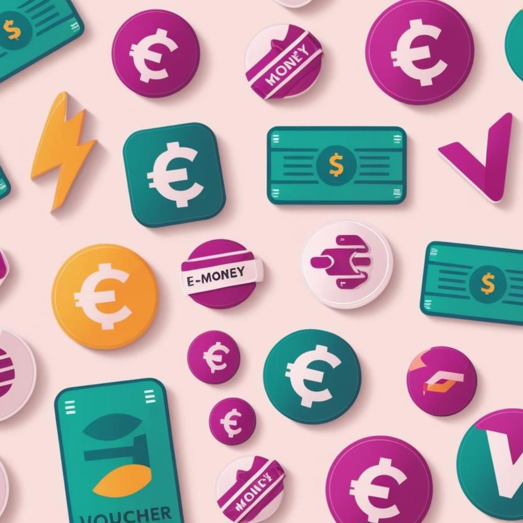 "Bunte, stilisierte Symbole für digitales Geld, darunter Euro- und Dollarzeichen, E-Money-Label, Gutscheine und digitale Zahlungsicons auf einem hellen Hintergrund. Die Farben Lila, Grün und Gelb dominieren das Design und vermitteln ein modernes, technologisches Finanzthema."