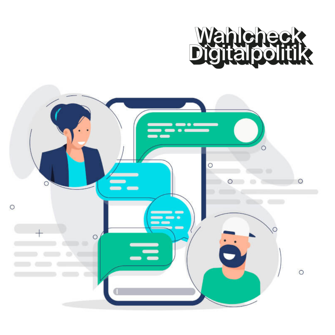 Eine moderne, digitale Illustration zeigt zwei gezeichnete Personen – eine Frau mit dunklen Haaren und ein Mann mit Bart und weißer Kappe – die über ein Smartphone per Chat kommunizieren. Mehrere grüne und blaue Sprechblasen symbolisieren ihre Unterhaltung. Im oberen rechten Bereich des Bildes steht der Text „Wahlcheck Digitalpolitik“ in einer schwarzen, leicht versetzten Schrift mit Schatteneffekt. Der Hintergrund ist abstrakt mit hellgrauen Elementen gestaltet.