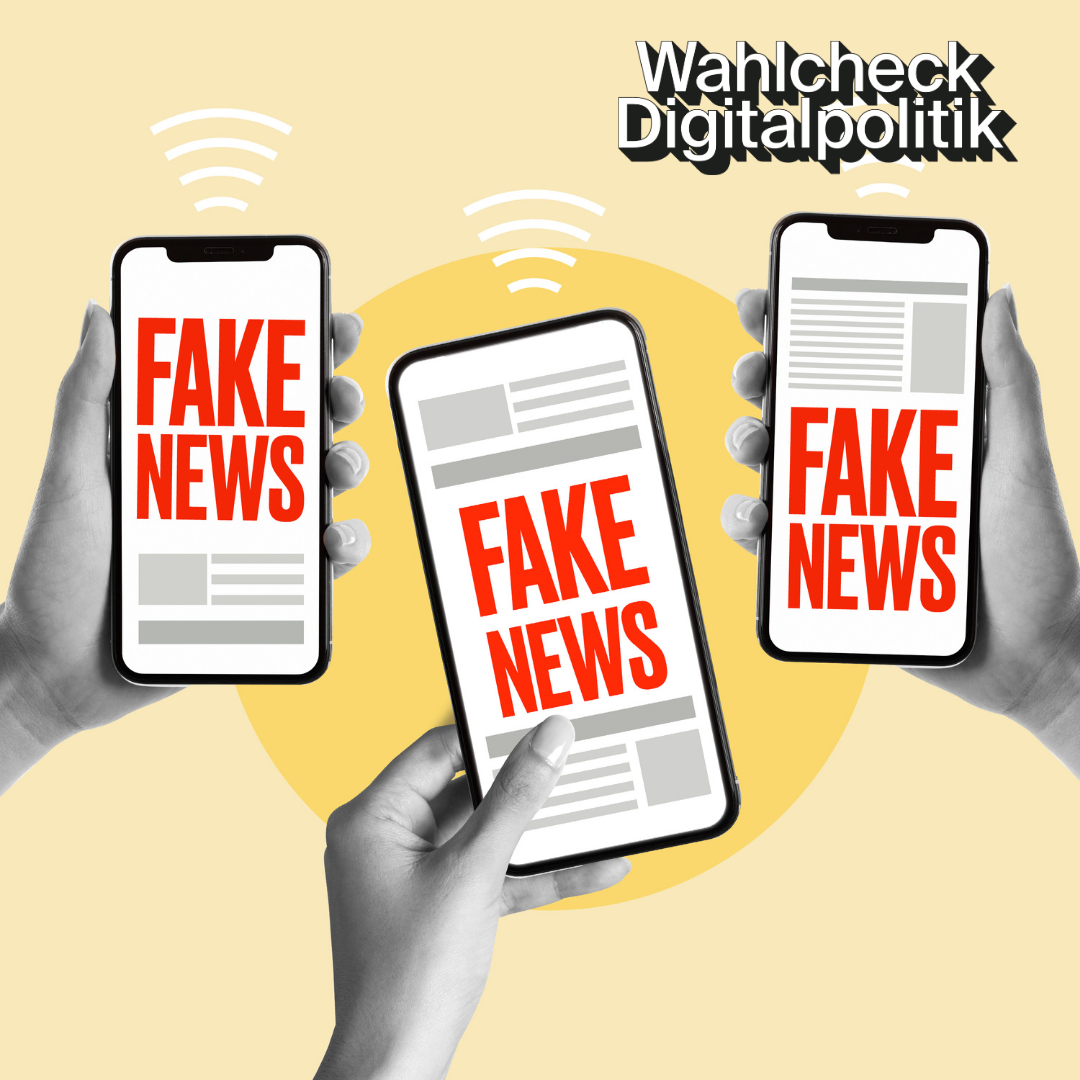 Das Bild zeigt drei Hände, die Smartphones halten, auf denen groß der Text „FAKE NEWS“ in roten Buchstaben angezeigt wird. Die Geräte sind vor einem gelben Hintergrund platziert, und über jedem Smartphone sind drahtlose Signal-Symbole zu sehen, was auf die schnelle Verbreitung von falschen Nachrichten über digitale Netzwerke hinweist.