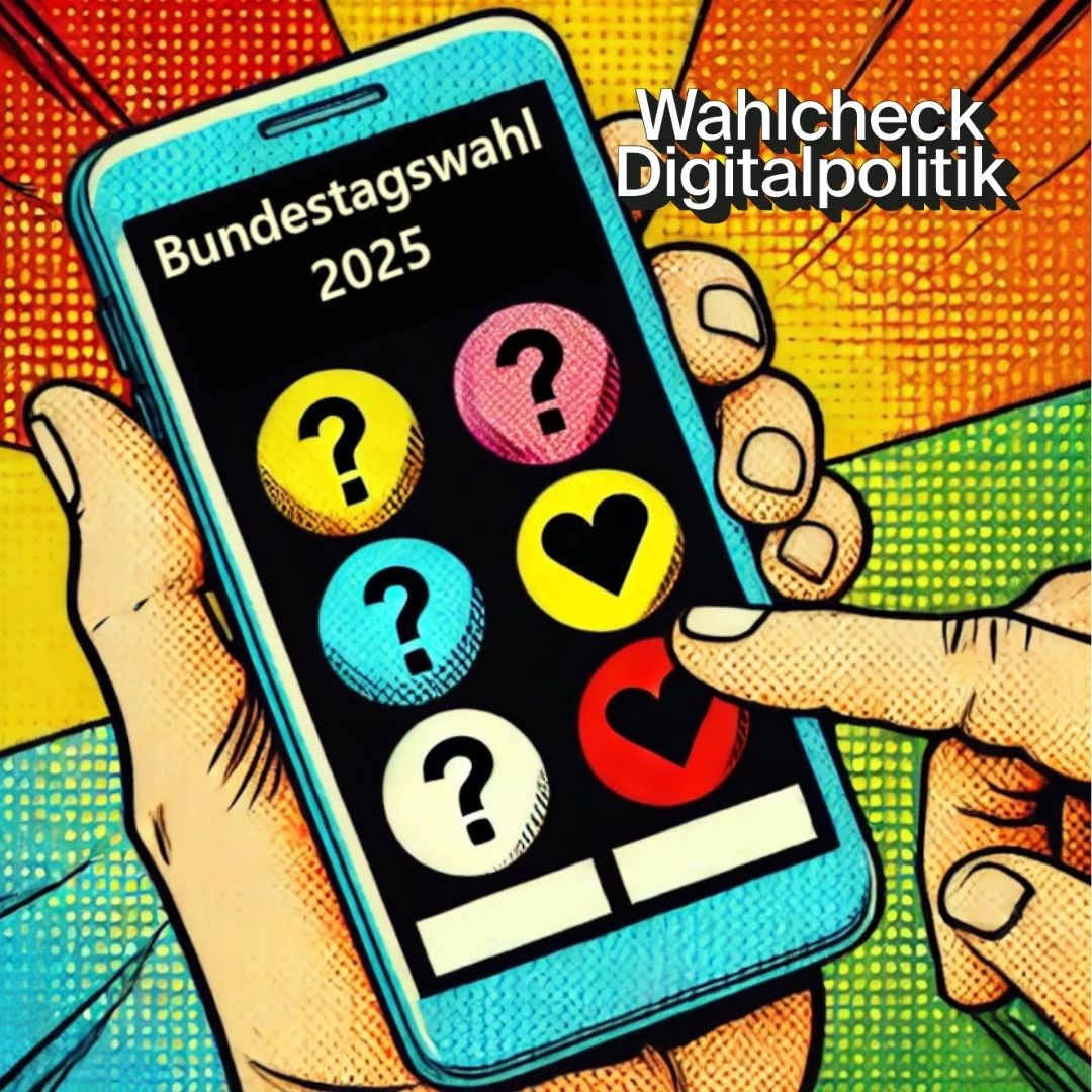 Ein Pop-Art-Stil-Bild zeigt eine Hand, die ein Smartphone hält. Auf dem Bildschirm steht „Bundestagswahl 2025“, darunter sind bunte, kreisförmige Auswahlmöglichkeiten mit Fragezeichen und Herzsymbolen zu sehen. Eine andere Hand tippt auf das rote Herz.