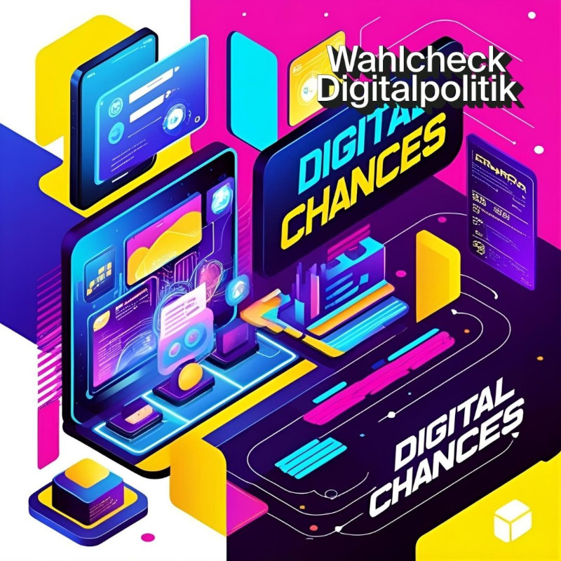 Ein farbenfrohes, isometrisches 3D-Illustrationsdesign mit leuchtenden Neonfarben in Blau, Lila, Gelb und Pink. Das Bild zeigt eine futuristische digitale Landschaft mit mehreren interaktiven Bildschirmen, auf denen Diagramme, Daten und Netzwerke dargestellt sind. In der Mitte befindet sich eine große Tafel mit der Aufschrift „DIGITAL CHANCES“. Die Komposition vermittelt ein Gefühl von Innovation, Technologie und digitalen Möglichkeiten.