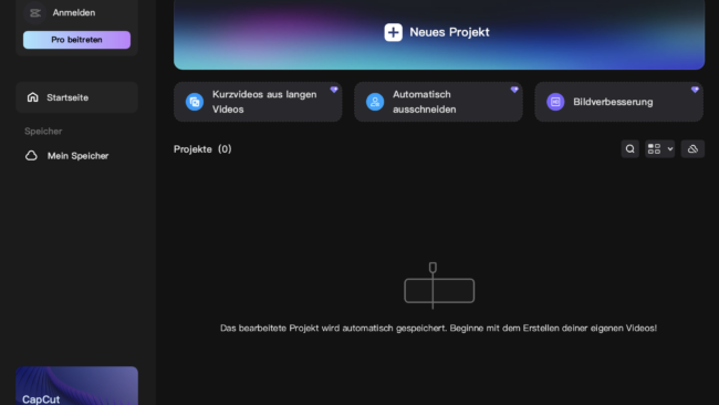 Screenshot der CapCut-Startseite. Oben befindet sich die Schaltfläche 'Neues Projekt' mit Optionen für Kurzvideos, automatisches Ausschneiden und Bildverbesserung. Links sind Anmeldeoptionen, der Speicherzugriff und die Startseite zu sehen. In der Mitte gibt es eine leere Projektübersicht mit einem Hinweis zur automatischen Speicherung von Projekten