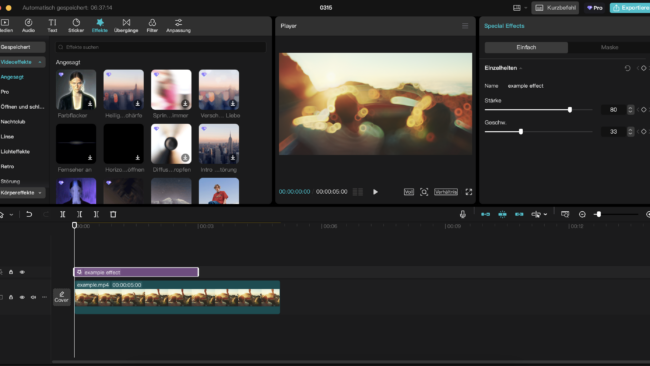 Screenshot der CapCut-Benutzeroberfläche mit dem Effekte-Menü geöffnet. Links sind verschiedene Videoeffekte zur Auswahl sichtbar, darunter Farbflacker und Lichteffekte. In der Mitte wird eine Vorschau des bearbeiteten Videos mit einem Bokeh-Effekt angezeigt. Unten befindet sich die Zeitleiste mit einem Videoclip und einem angewendeten Effekt, während rechts die Einstellungen für den Effekt angepasst werden können