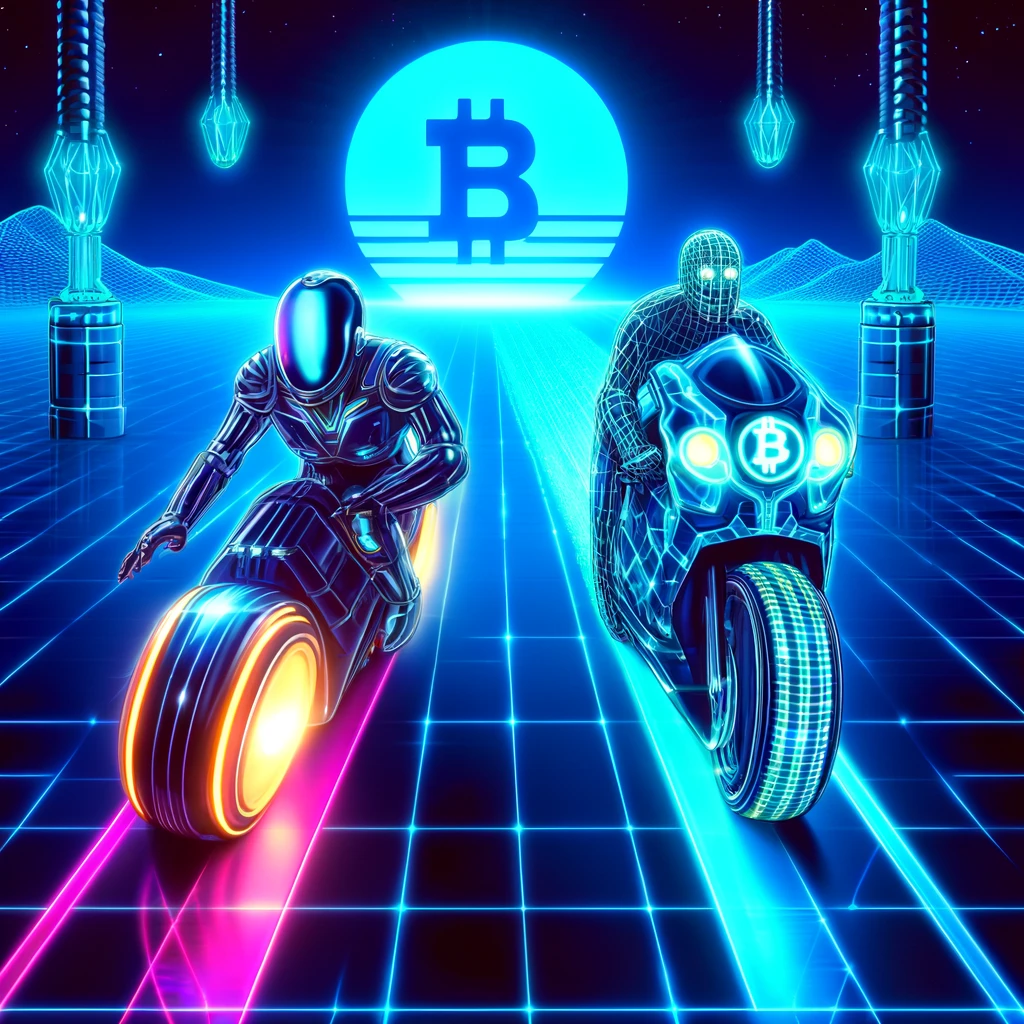Ein retro-futuristisches, TRON-inspiriertes Digitalbild zeigt zwei neonbeleuchtete Motorradfahrer, die ein Rennen auf einer leuchtenden Blockchain-Strecke fahren. Einer der Fahrer symbolisiert Künstliche Intelligenz (KI) mit einem futuristischen, leuchtenden Design, während der andere für Kryptowährungen steht, mit Blockchain-Mustern auf seinem Anzug. Ihre Motorräder hinterlassen digitale Lichtspuren, die an Datenströme erinnern. Die Szenerie ist in einem cyberpunkartigen Stil gehalten, mit einem tiefblauen Neon-Gitterhintergrund und einer hochmodernen, digitalen Rennstrecke