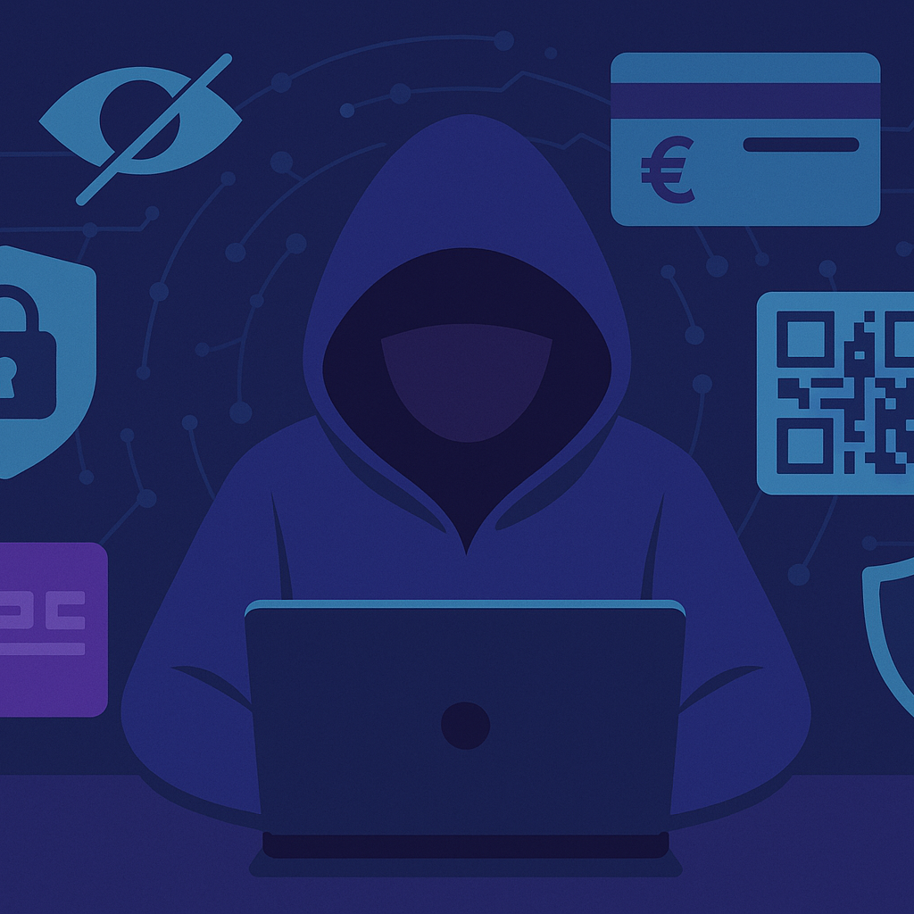Illustration im flachen Digitalstil: Eine Person mit Kapuze sitzt am Laptop, flankiert von Symbolen für Datenschutz, E-Money (z.?B. Prepaid-Karte, QR-Code) und Online-Sicherheit. Im Hintergrund: digitale Netze, ein Einkaufswagen und ein durchgestrichenes Auge – Symbol für Anonymität. Groß im Vordergrund der Claim: „E-Money statt Überwachung – Bezahle anonym & sicher“. Farblich dominiert Dunkelblau mit leuchtenden Akzenten in Türkis und Violett.