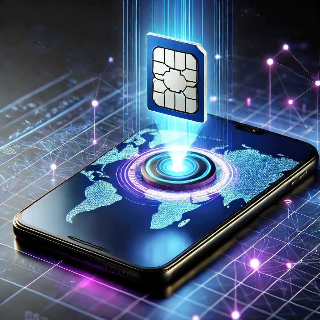 Ein modernes Smartphone mit einem schwebenden digitalen eSIM-Chip über dem Display. Der Chip leuchtet in Blau und Violett und wird durch Lichtstrahlen mit dem Gerät verbunden. Auf dem Bildschirm ist eine stilisierte Weltkarte mit vernetzten Punkten zu sehen, die globale Konnektivität symbolisiert. Der Hintergrund zeigt ein futuristisches, technisches Design mit digitalen Linien und Lichtpunkten.