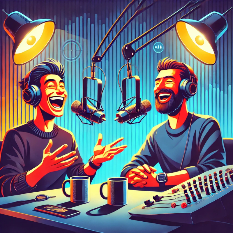 Ein stilisiertes, modernes Digitalbild eines Comedy-Podcast-Setups. Zwei Podcaster sitzen in einem lebhaften Studio, lachen und sprechen in Mikrofone. Die Szene ist dynamisch mit kräftigen Farben, ausdrucksstarken Gesichtern und verspielten Details gestaltet. Kopfhörer, ein Laptop und Studiolichter unterstreichen die professionelle, aber lockere Atmosphäre. Das Bild vermittelt Humor, Energie und den Spaß am Podcasting.