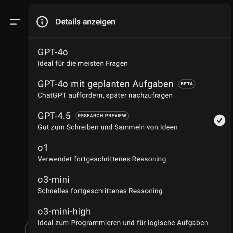 Screenshot von der KI-Modell-Auswahl in ChatGPT. Die neue Research-Version GPT-4.5 ist ausgewählt.