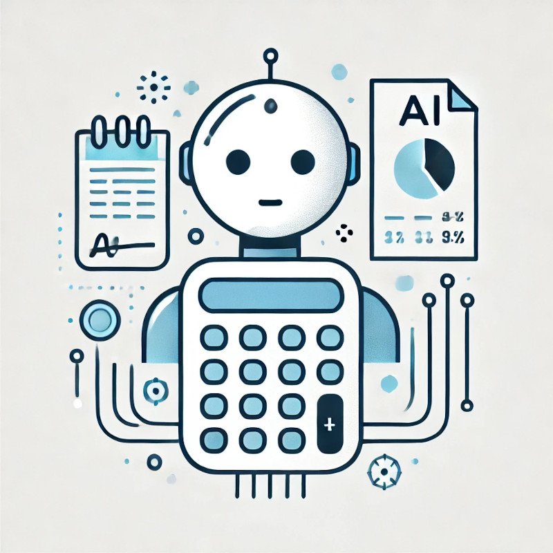 Ein minimalistisches digitales Bild zeigt einen freundlichen Roboter mit einem neutralen Gesicht in der Mitte. Links von ihm befindet sich ein Taschenrechner, rechts Finanzdokumente. Feine digitale Verbindungslinien symbolisieren die Automatisierung in der Buchhaltung durch KI.