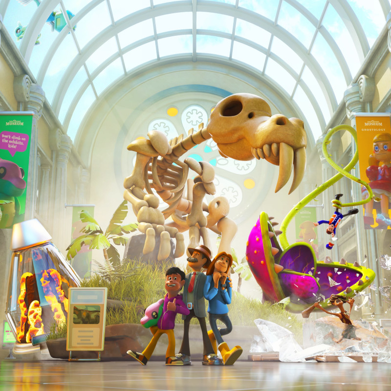 Coverart des Spiels Two Point Museum, dass eine Familie vor einem sehr lebendig wirkenden Dinosaurier-Skelett stehend zeigt. im Hintergrund wird ein Mitarbeiter von einer fleischfressenden Pflanze verschluckt.