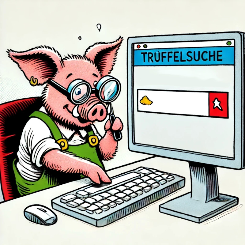 Eine bunte, humorvolle Comic-Illustration zeigt ein Trüffelschwein, das an einem Computer sitzt und im Internet nach Trüffeln sucht.