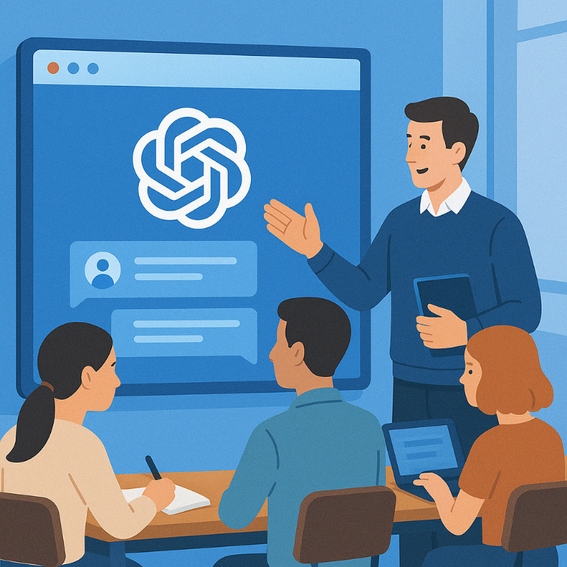 Ein digital illustriertes Klassenzimmer zeigt einen Lehrer, der vor einem großen digitalen Bildschirm steht und eine Anwendung mit dem ChatGPT-Logo erklärt. Drei Studierende sitzen an Tischen, zwei arbeiten an Laptops, eine Person schreibt mit einem Stift. Der Raum ist modern gestaltet, in kühlen Blau- und Erdtönen gehalten, und die Szene vermittelt eine technologiegestützte Lernumgebung.