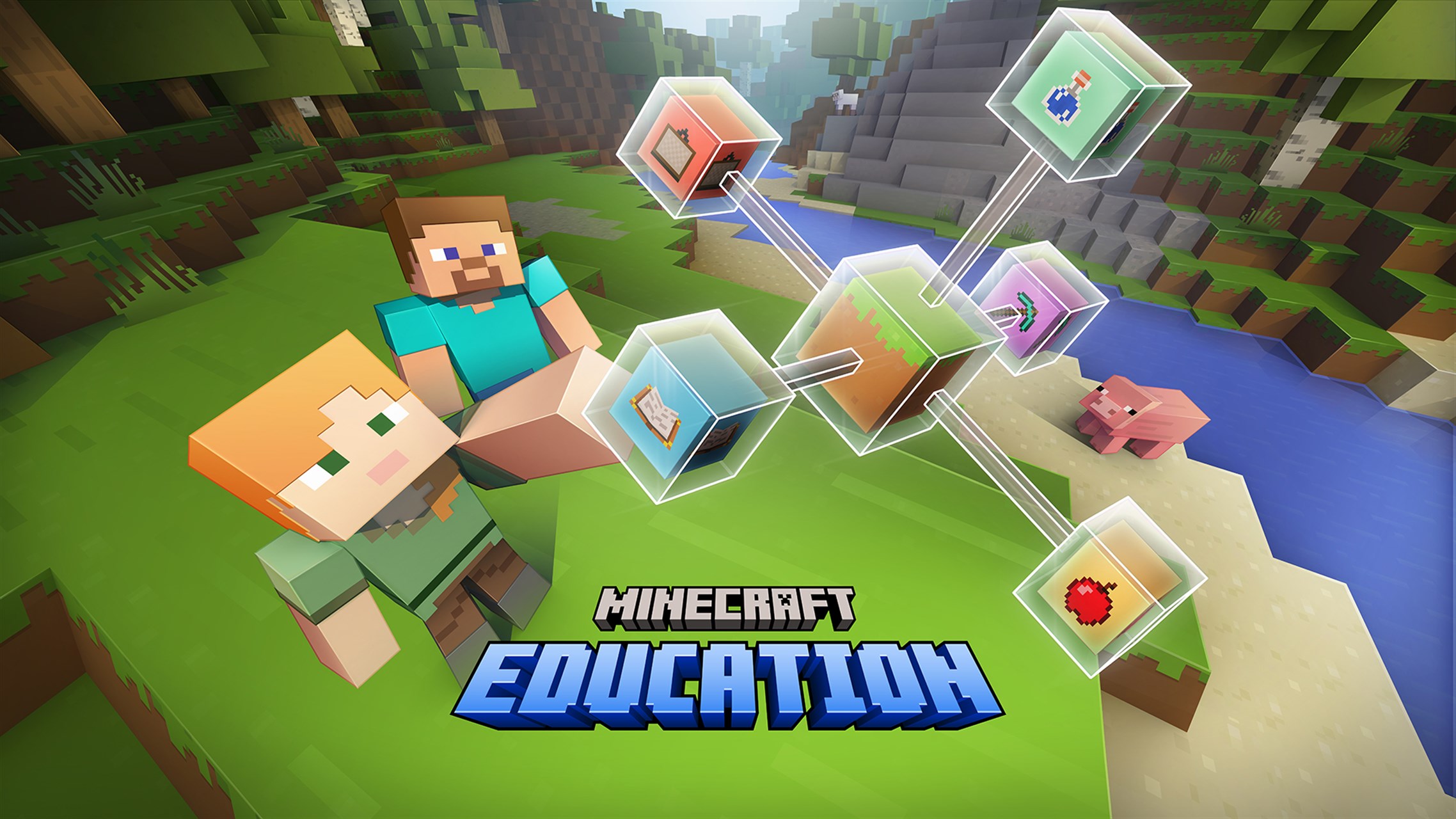 Zwei Minecraft-Charaktere sitzen auf einer Wiese in einer typischen blockartigen Landschaft mit Bäumen, Bergen und einem Fluss. Neben ihnen schweben transparente Würfel mit Symbolen für verschiedene Lerninhalte wie Bücher, ein Apfel, ein Trank und Werkzeuge. Im Hintergrund steht ein Schwein am Flussufer. Unten im Bild steht der Schriftzug „Minecraft Education“.