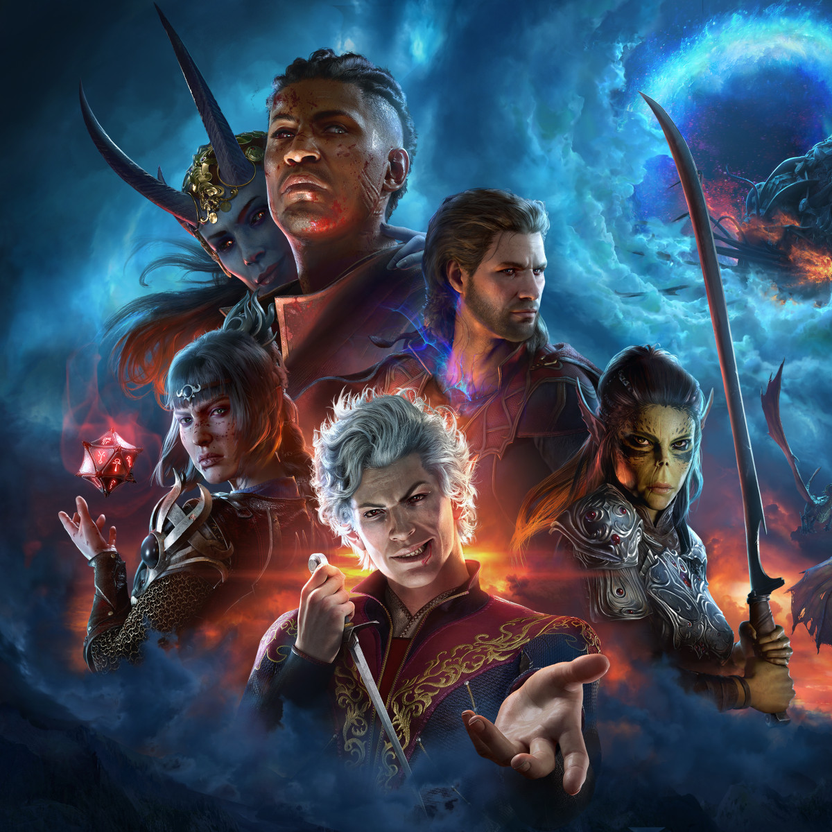 Cover-Art von Baldur's Gate 3, dass einige der Protagonisten vor einem düsteren Hintergrund zeigt.