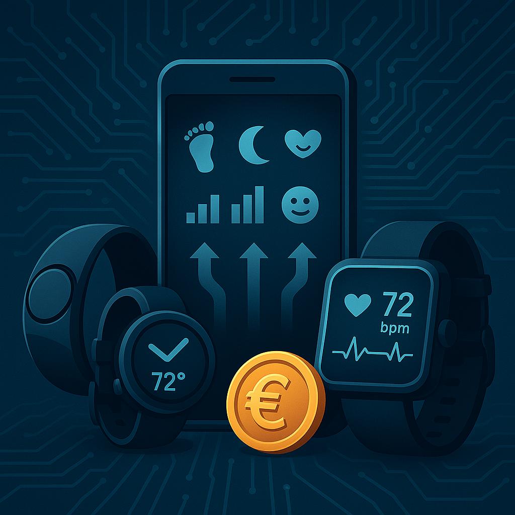 Eine digitale Illustration zeigt verschiedene smarte Wearables wie Fitnessringe und Smartwatches vor einem Smartphone. Auf dem Smartphone sind Symbole für Schritte, Schlaf, Herzfrequenz und Stimmung zu sehen, die nach oben gerichtete Pfeile begleiten – als Zeichen für Datenupload. Im Vordergrund liegt eine Münze mit einem Eurozeichen. Der Hintergrund zeigt stilisierte Schaltkreise, die auf digitale Vernetzung und Datenfluss hinweisen.