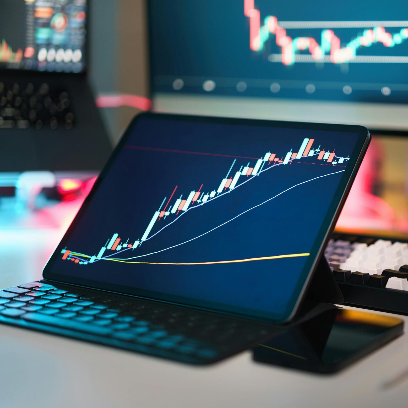 Modern Trading Desk with Graphs and Gadgets