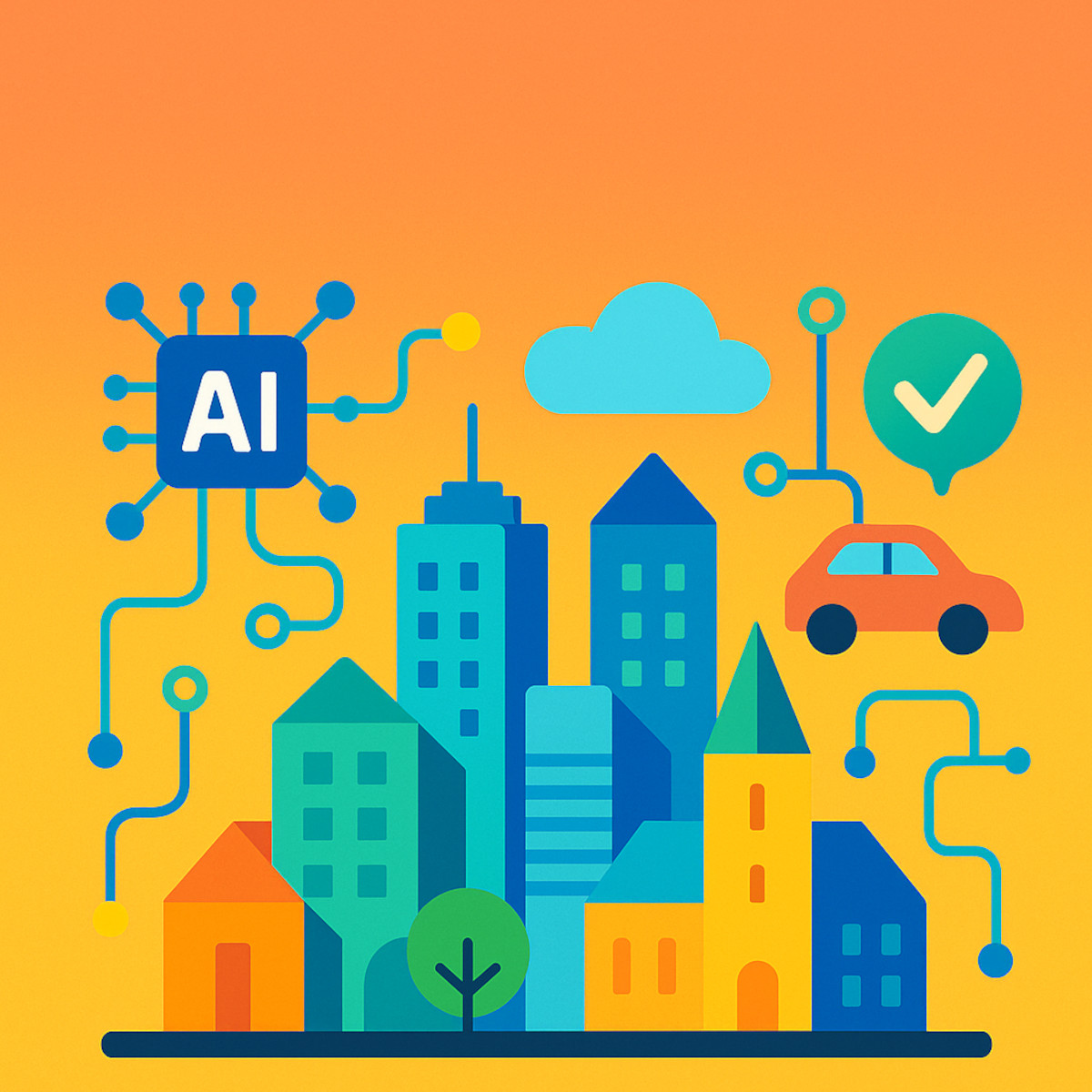 Farbenfrohe Illustration einer smarten Stadt mit modernen Hochhäusern, Häusern, Bäumen und digitalen Symbolen wie einem AI-Chip, einer Cloud, einem Auto und einem Häkchen. Die Stadt ist über blaue Datenleitungen miteinander verbunden, dargestellt auf einem warmen Farbverlauf von Orange zu Gelb.