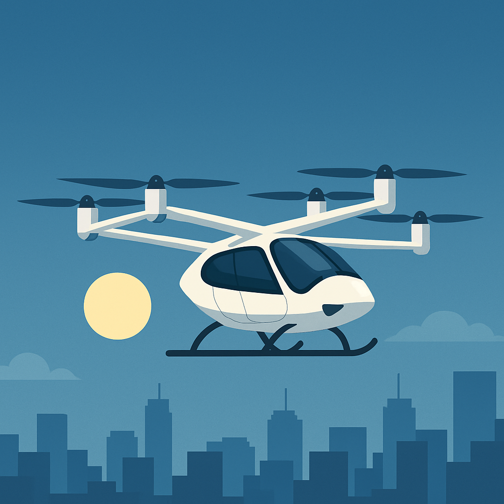 Ein weißes Lufttaxi (eVTOL) mit mehreren Rotoren schwebt über einer stilisierten Stadtlandschaft bei Sonnenuntergang. Der Himmel ist klar und blau, die Sonne steht tief, und im Hintergrund sind geometrisch gezeichnete Hochhäuser zu sehen. Die Szene ist in einem minimalistischen, flachen Illustrationsstil gehalten.