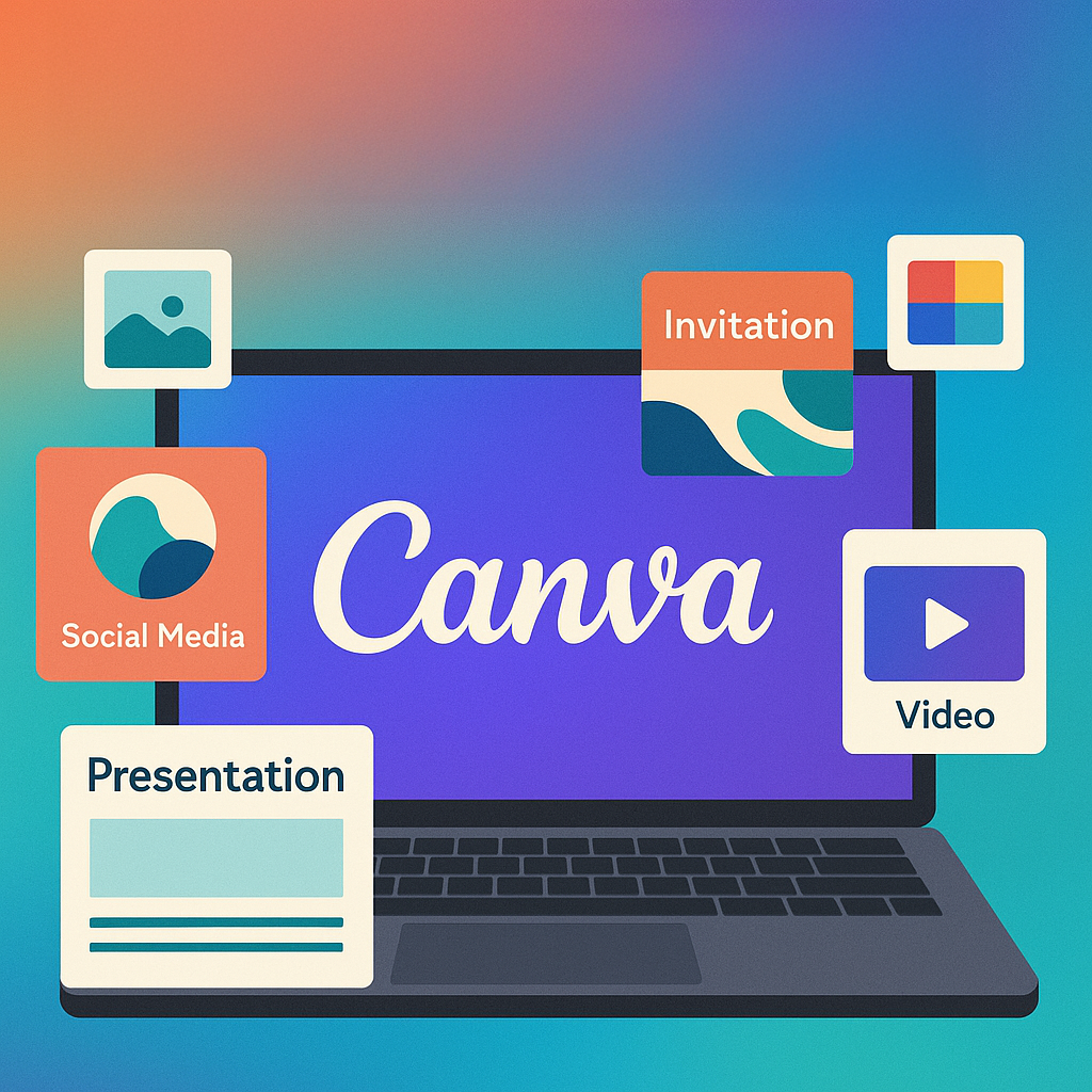 Illustration einer Canva-Benutzeroberfläche auf einem Laptop mit dem Titel „Die Designplattform Canva im Überblick“. Um den Laptop herum sind Symbole für verschiedene Designkategorien dargestellt: „Social Media“, „Presentation“, „Invitation“, „Video“ und ein allgemeines Bildsymbol. Der Hintergrund hat einen Farbverlauf in Blau-, Grün- und Orangetönen.