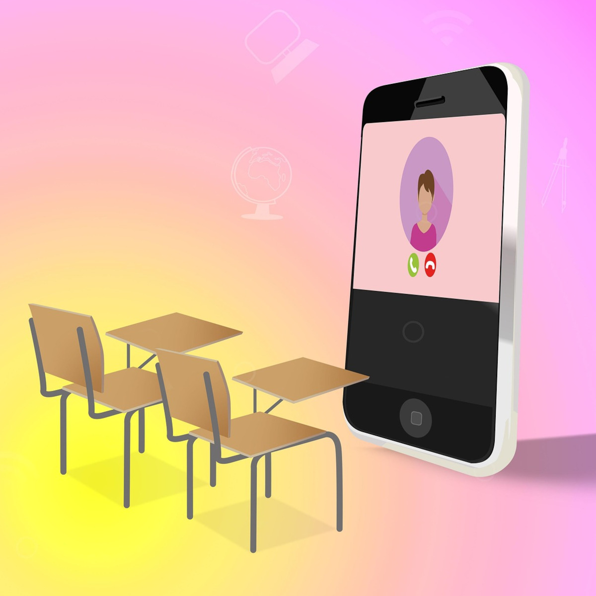 Ein Smartphone mit Verbindung zum Lehrer hält Unterricht vor zwei Schultischen.