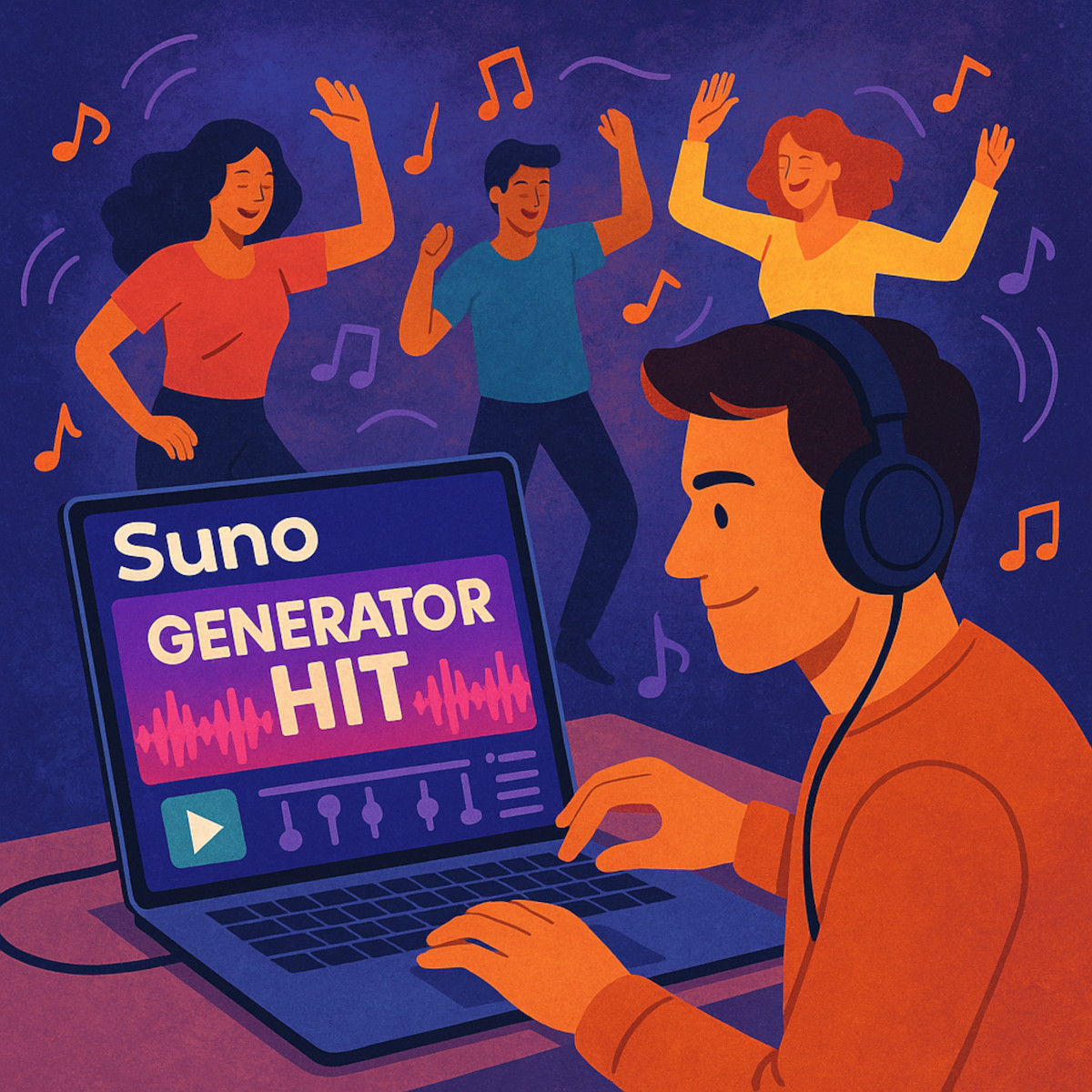 Eine digitale Illustration zeigt eine Person mit Kopfhörern, die an einem Laptop sitzt und mithilfe von Suno AI einen Hit-Song produziert. Auf dem Bildschirm des Laptops ist deutlich "Suno AI Generator Hit" zu lesen, daneben grafische Bedienelemente. Im Hintergrund tanzen drei fröhliche Personen zur Musik, umgeben von bunten Notensymbolen.
