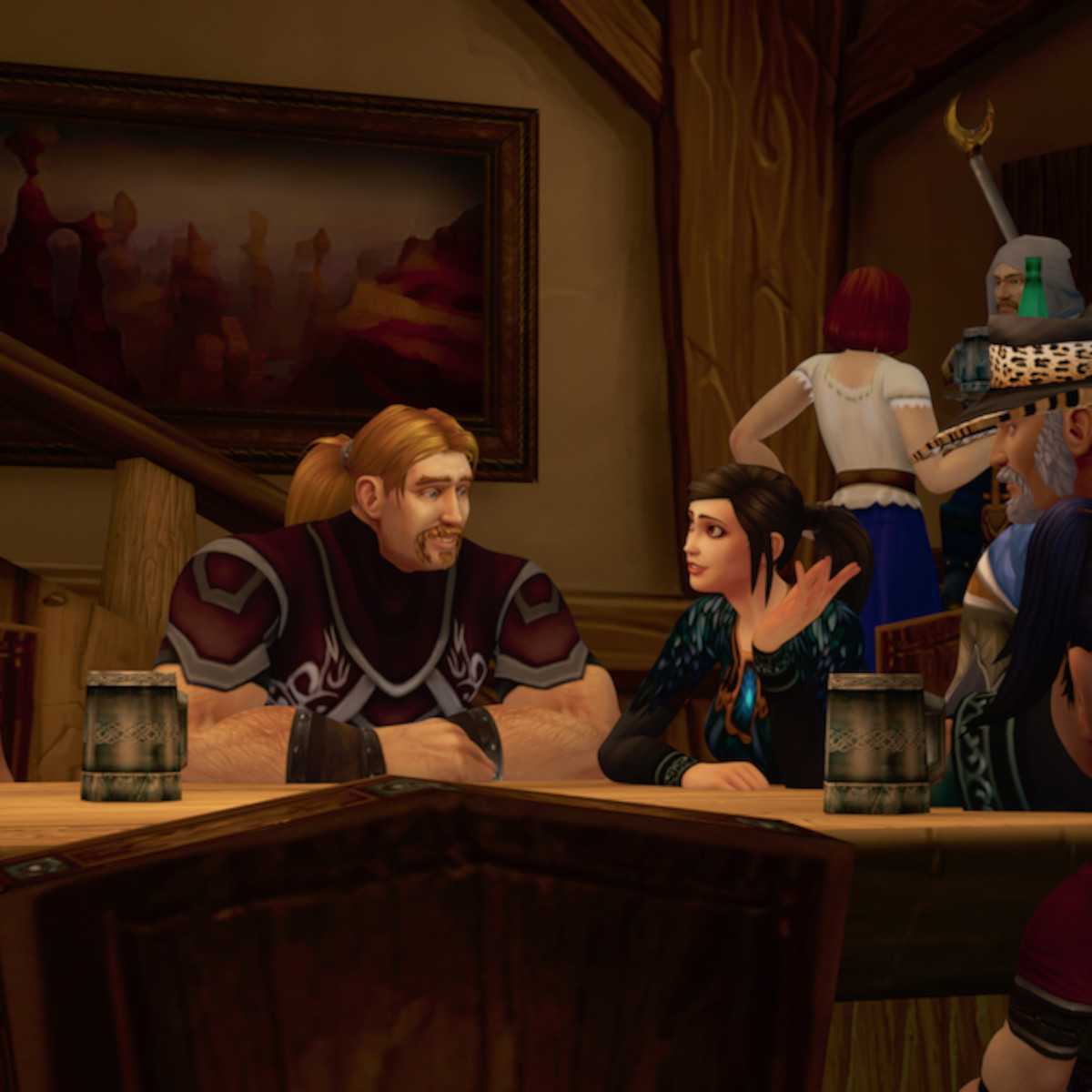 Nachgestellte Spielszene aus dem Film "Das fantastische Leben des Ibelin", Ibelin, Rumour und weitere Gildenmitglieder in einer Taverne zeigen.